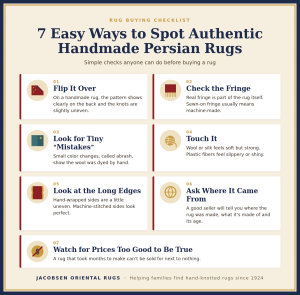 Checklist of 7 easy ways to spot authentic handmade Persian rugs, including checking the back, fringe, edges and price