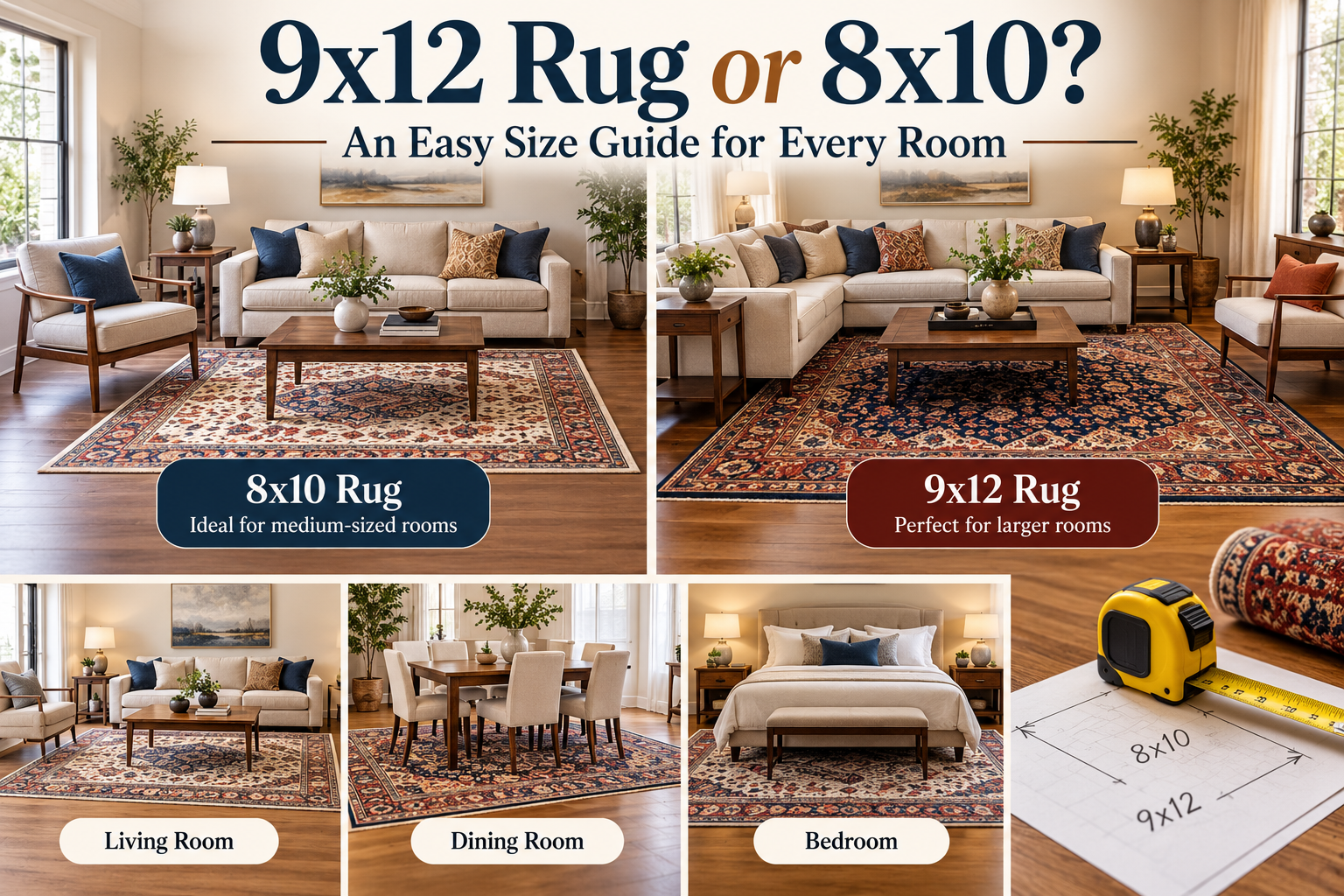 9x12 rug vs 8x10 rug size comparison for living rooms, dining rooms, and bedrooms