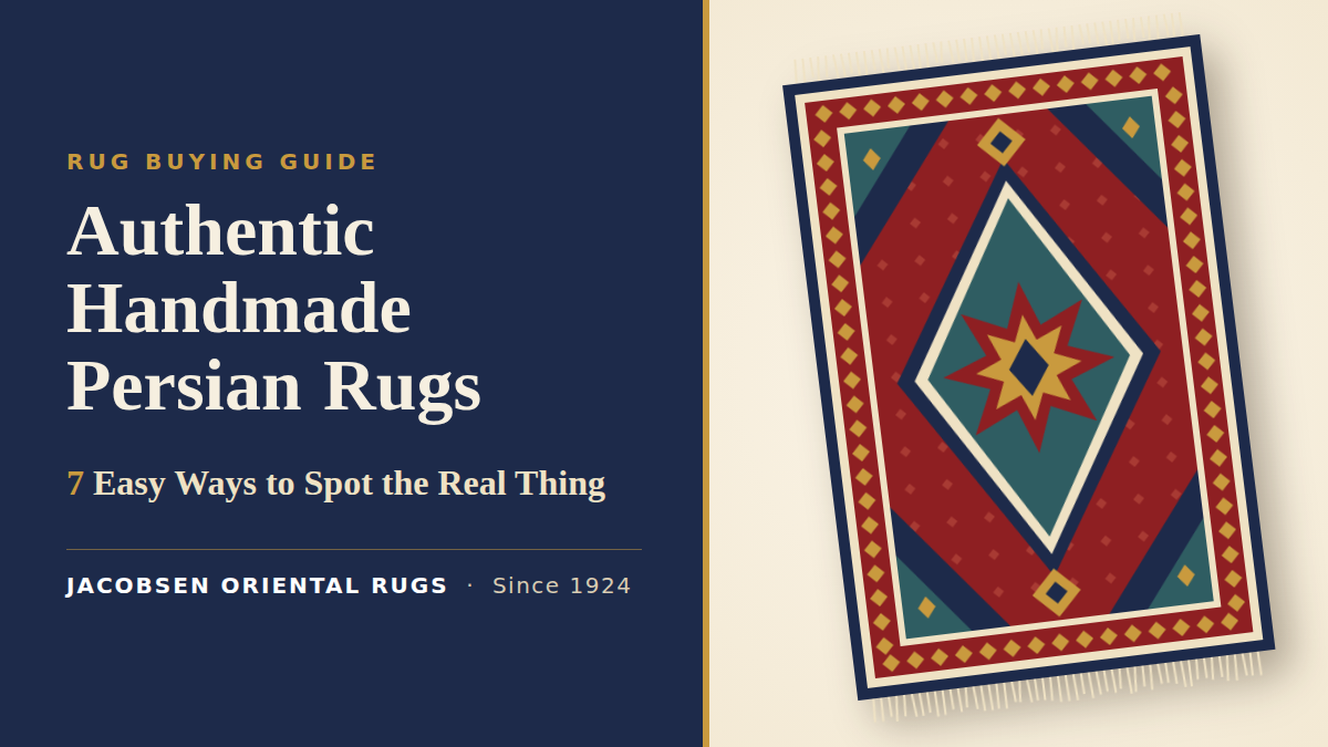 Authentic handmade Persian rugs guide graphic with a red, navy and gold medallion rug illustration